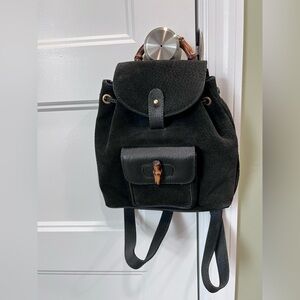 Auth💚Vintage Gucci Black Suede Backpack with Bamboo Accents